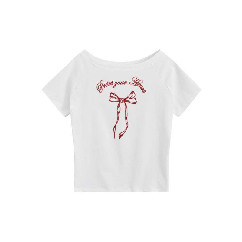 Korean ins bow design white slanted shoulder off-shoulder short-sleeved T-shirt women s summer new casual loose top S