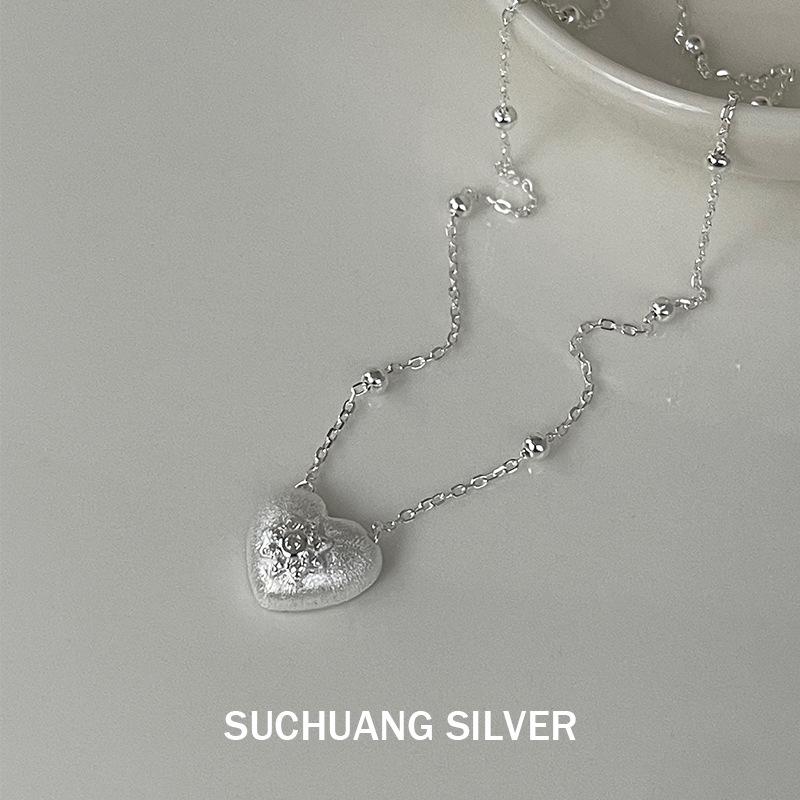 Su Chuang S925 Sterling Silver Frosted Heart Necklace – Sweet, High-End Light Luxury Clavicle Chain for Girls 925 Sterling Silver