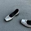 Sheepskin~ Platform Bow Retro High Heels Ballet Shoes Square Head Silver Thick Heel Mary Jane Shoes Women's Single Shoes
