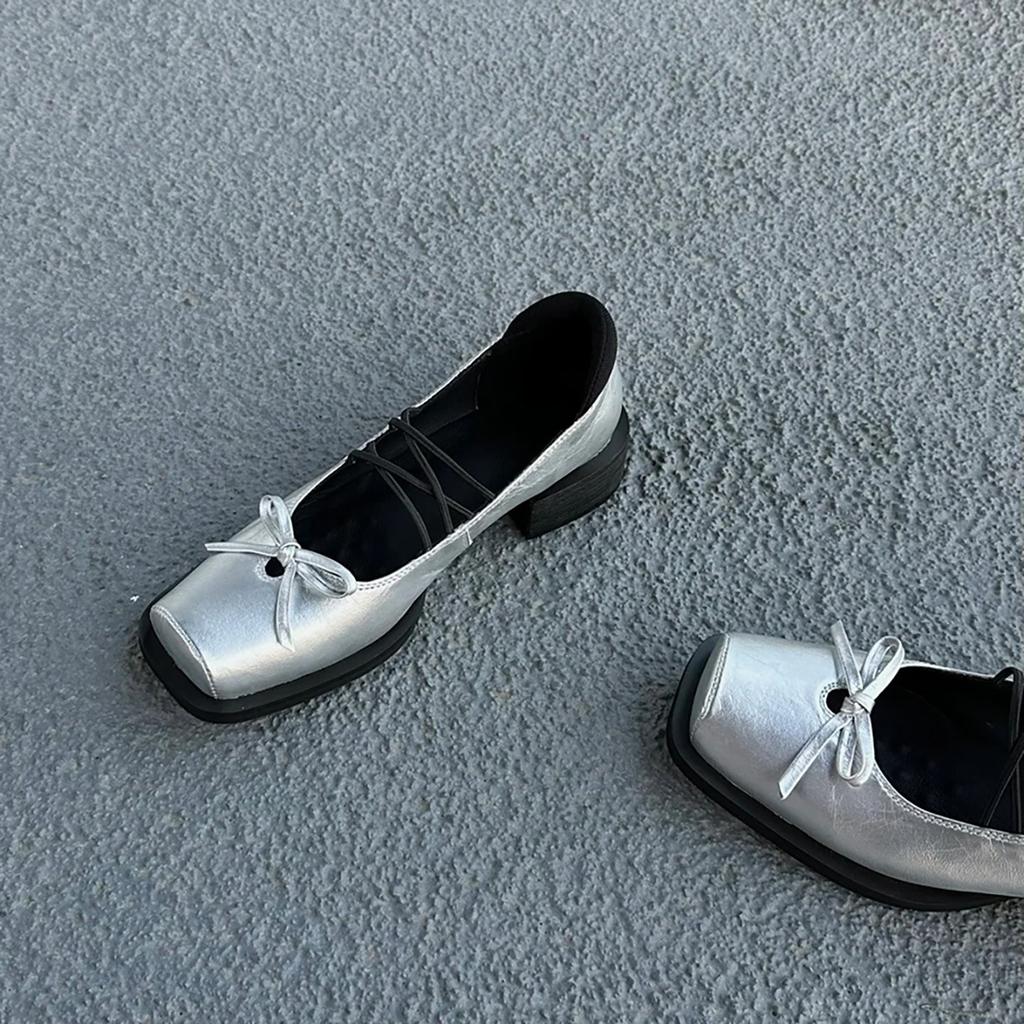 Sheepskin~ Platform Bow Retro High Heels Ballet Shoes Square Head Silver Thick Heel Mary Jane Shoes Women's Single Shoes