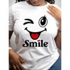 European Size Women's Plus Size Oversized Short Sleeve T-Shirt -joyful Face&Smile Print White with Black Lettering,Round Neck Casual Top,Spring Summer