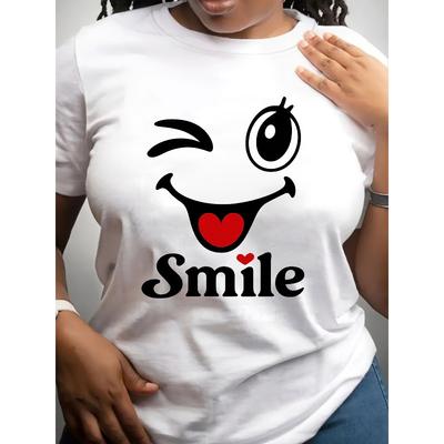European Size Women's Plus Size Oversized Short Sleeve T-Shirt -joyful Face&Smile Print White with Black Lettering,Round Neck Casual Top,Spring Summer
