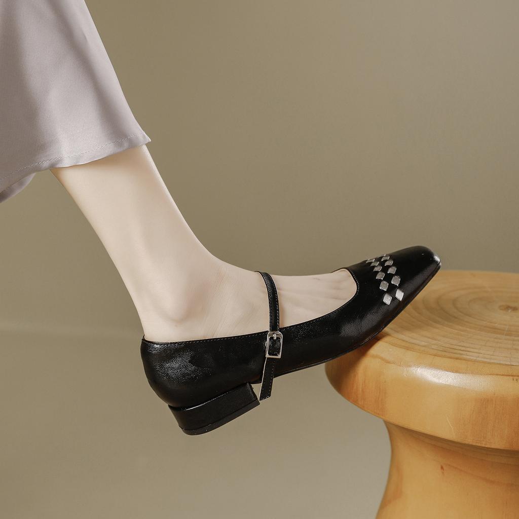 French Silver Square Head Single Shoes Women's Low Heels Autumn 2025 New One-word Buckle Versatile Mary Jane High Heels