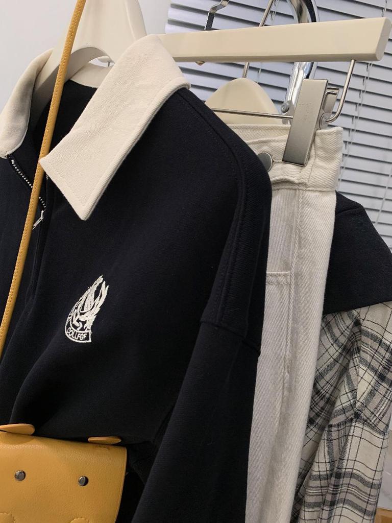 Women's Black Retro Polo Collar Half-Zip Sweatshirt - Petite, Long Sleeve, Spring/Autumn Lazy Style Top