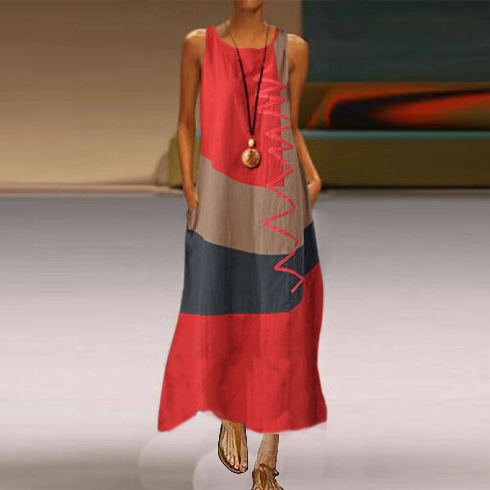 

Женское повседневное платье без рукавов больших размеров в стиле пэчворк в богемном стиле с круглым вырезом макси XXXXL красный