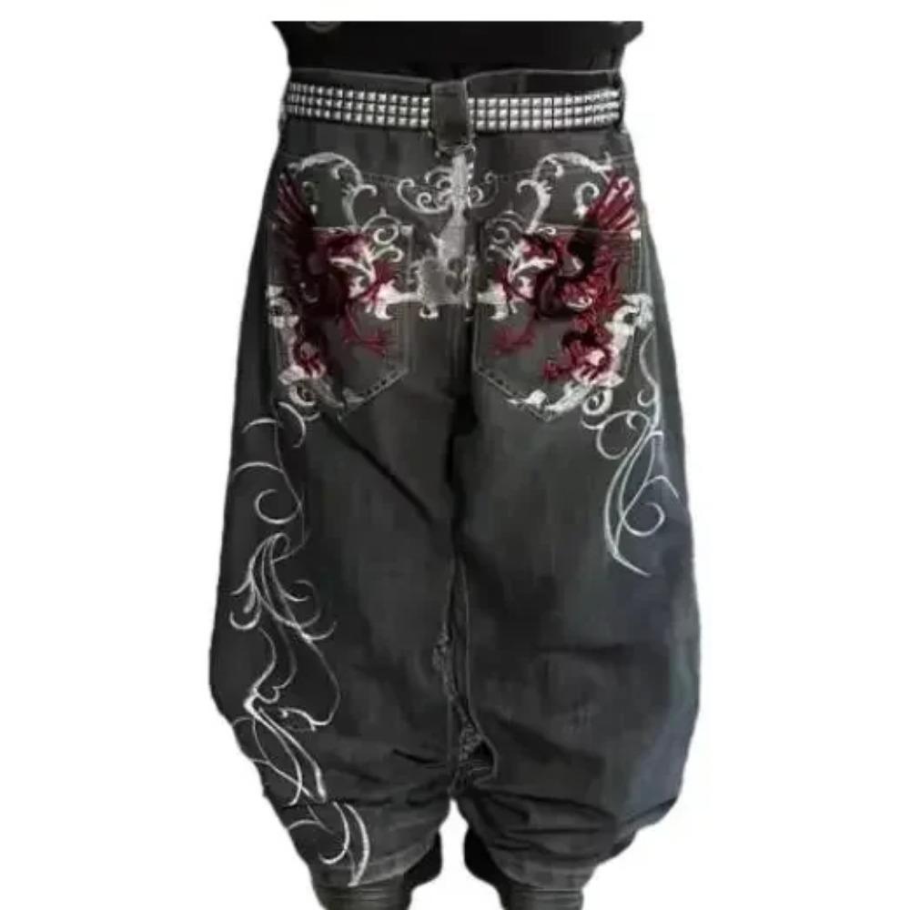 LUXEON American Retro High Street Y2K Personalized Patchwork Letter Embroidered Jeans Gothic Fashion Wide-leg Denim Trousers