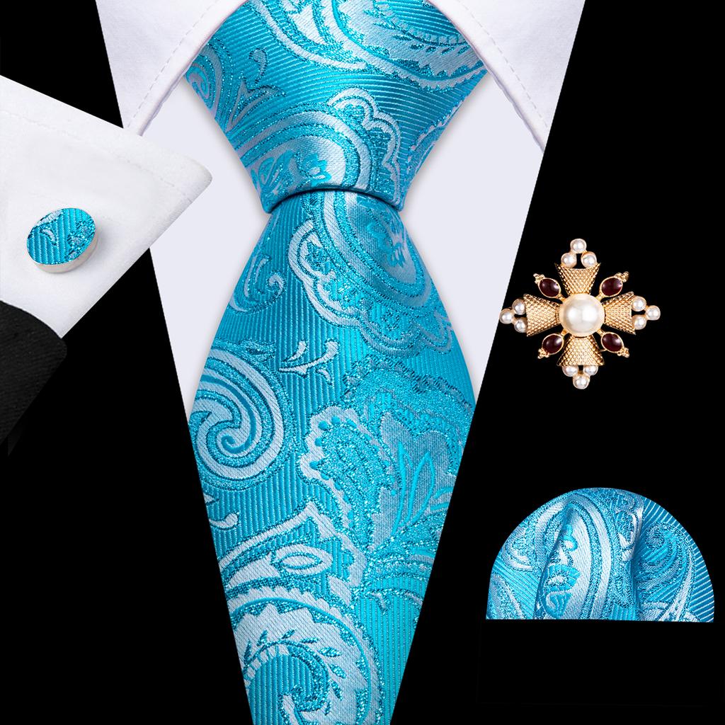 Pearl Brooch with Silk Tie for Men Vintage Floral Teal Necktie Hanky Cufflinks Gift Formal Set