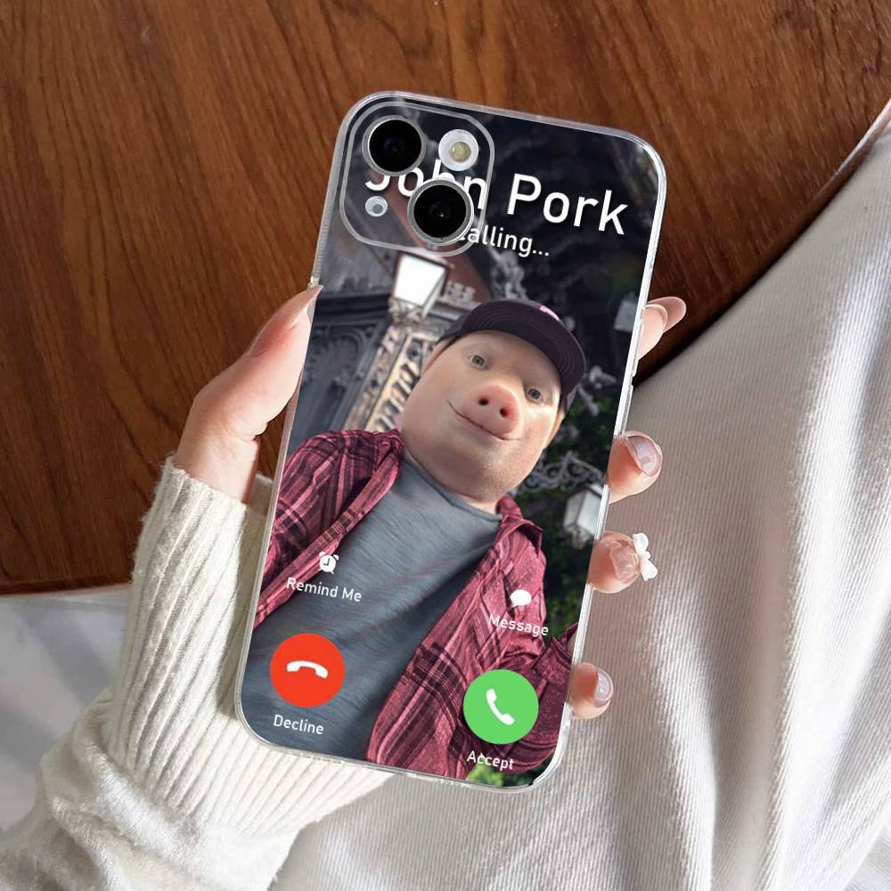 John Pork is Calling Answer Call Phone Case For iPhone 17 16 15 14 13 11 12 Pro Max Mini Plus Shockproof Transparent Soft TPU