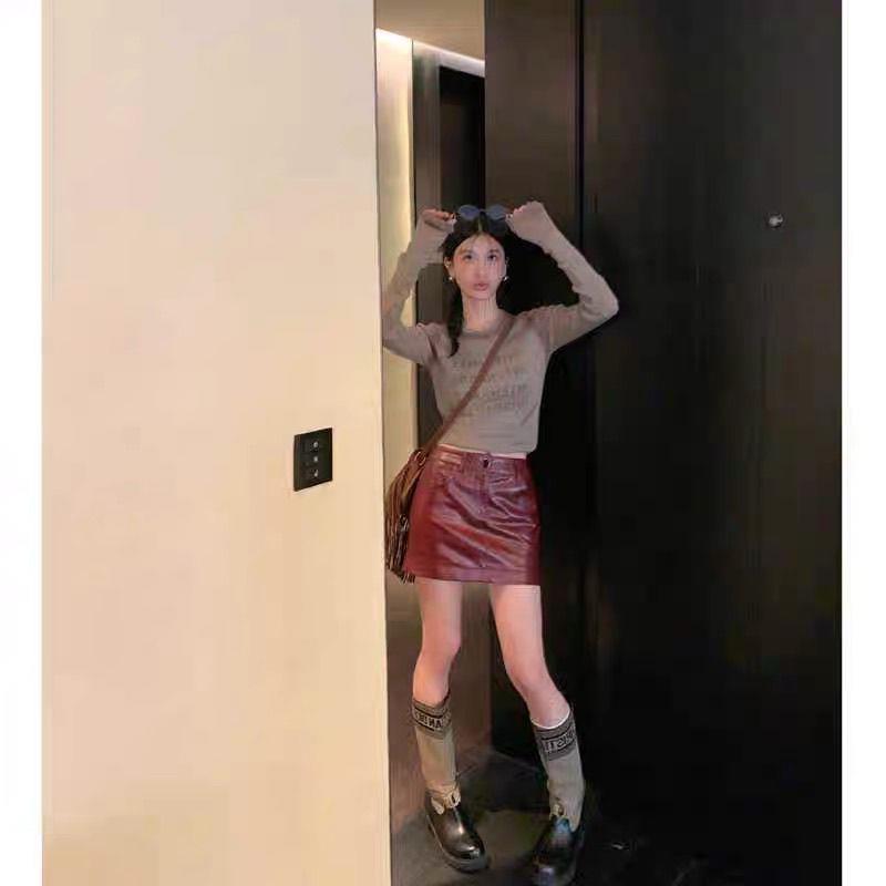 Burgundy PU Leather High Waist A-Line Skirt - 2024 Autumn/Winter Slim Fit
