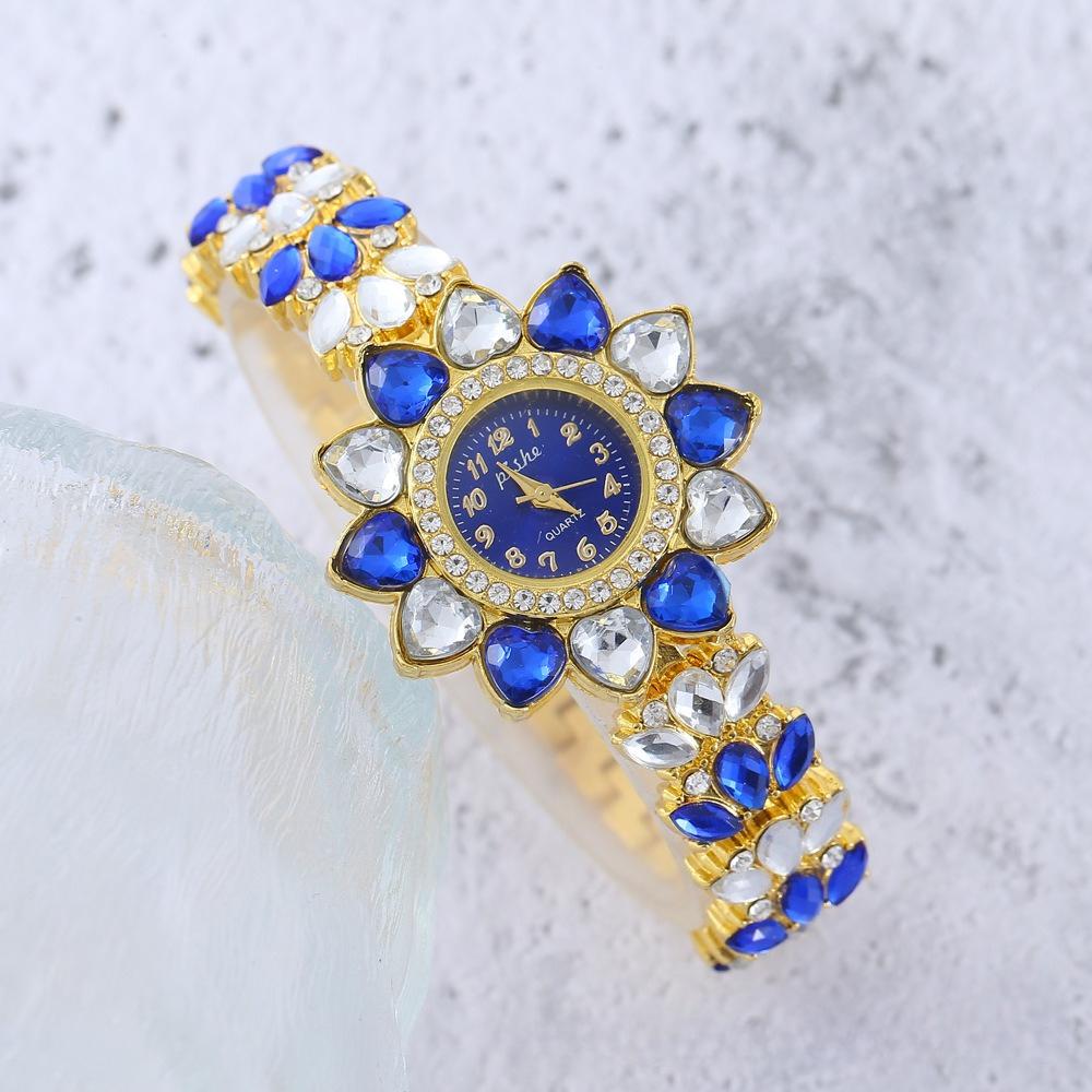 Women Heart Rhinestone Watches Flower Dial Bracelet Strap Quartz Watch Clock