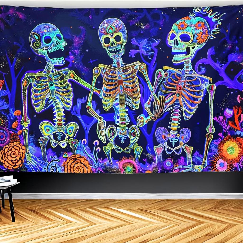 CJSLIFEART Blacklight Skull Tapestry Percussion Small Concert Fluorescent Starry Sky Bedroom Tapestry Background Wall Decoration