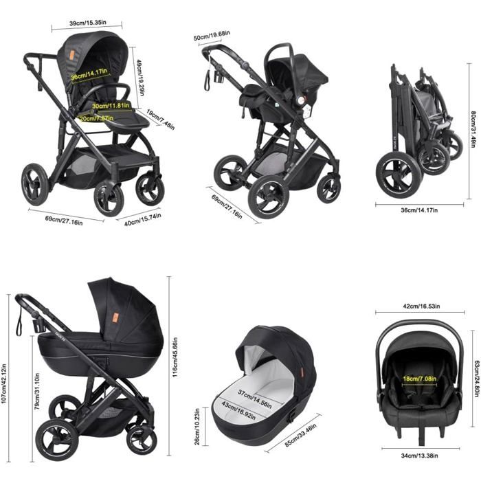 3-in-1 Baby Stroller with Bassinet, Foldable, All-terrain Wheels, Travel System, Accessories and Rain Cover Included