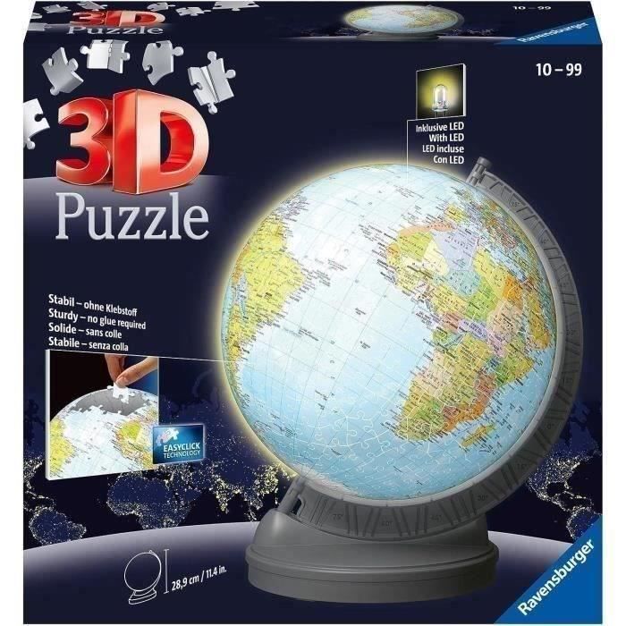 Puzzle 3d ball éducatif - globe terrestre lumineux - ravensburger - 540 pièces - a partir de 10 ans