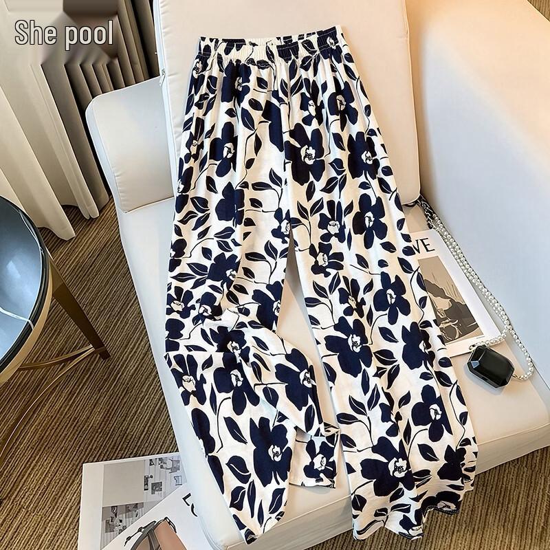Women s Color Block Floral Print Wide-Leg Cropped Pants One Size