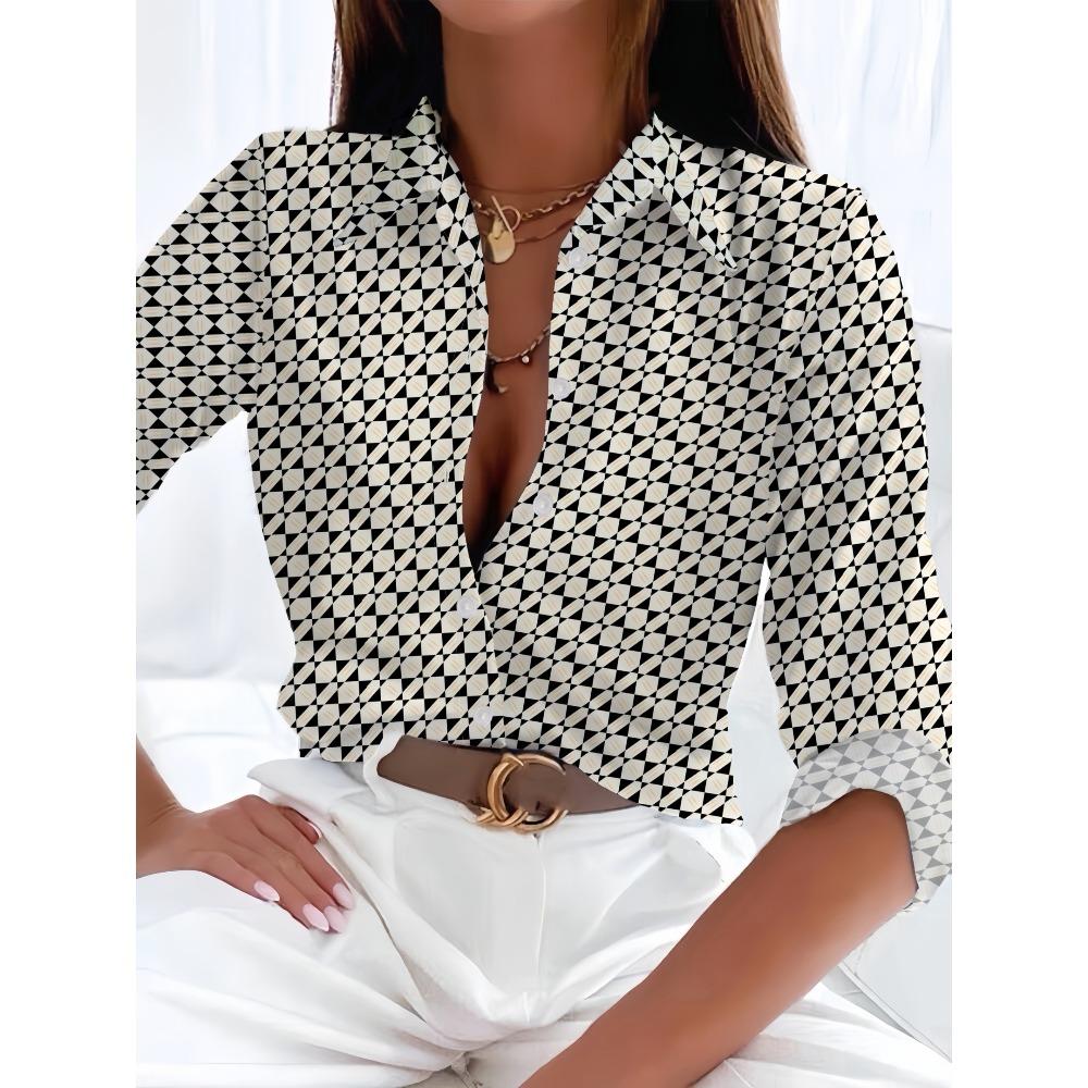 New Geometric Printing Lapel Fashionable Digital Printing Thin Thin Looking Elegant Simple Versatile Long Blouse