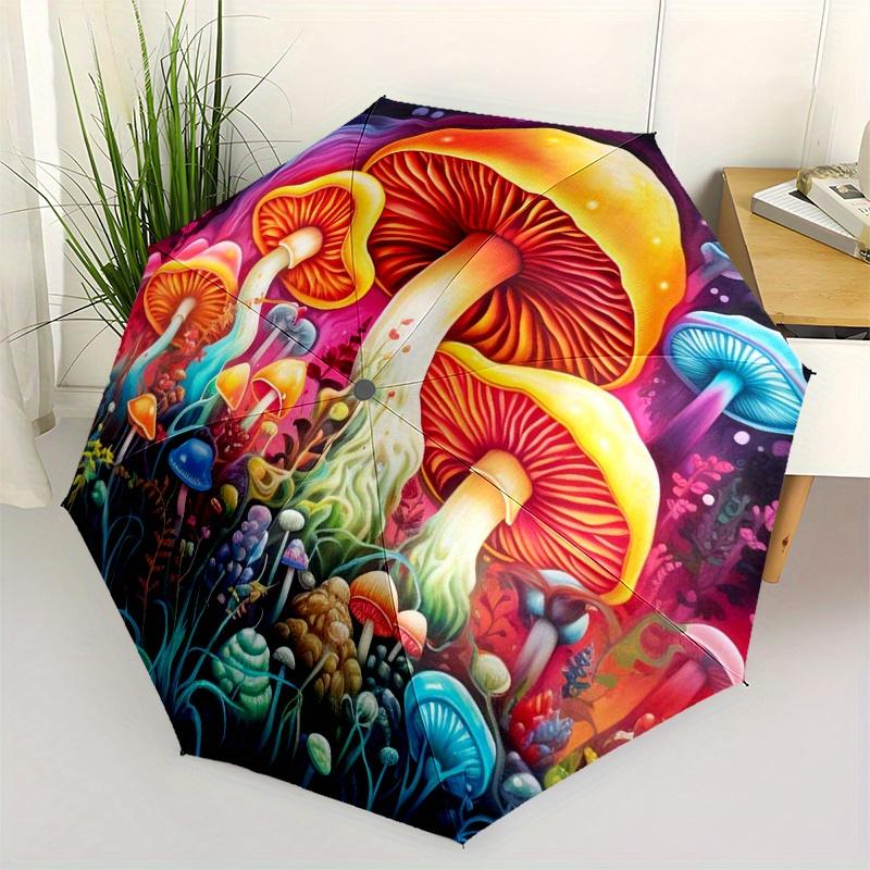 Colorful Mushroom Forest Wall Decal, Fantasy Nature Sticker for Kids Room Decor Umbrella, Cute Umbrella with Cute Design, Portable 3-Fold Compact Umbr
