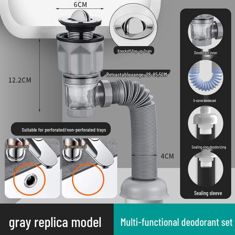 

Complete Anti-Odor Drain Pipe Set for Bathroom Sink, Washbasin, with Ceramic Horizontal and Vertical Outlet Accessories