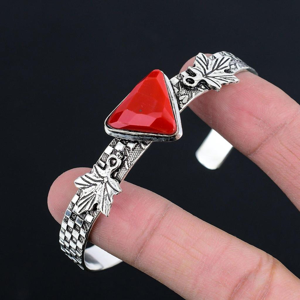 Daughters Day Deal 925 Silver Trillion Italian Red Coral Gemstone Leaf Bangle