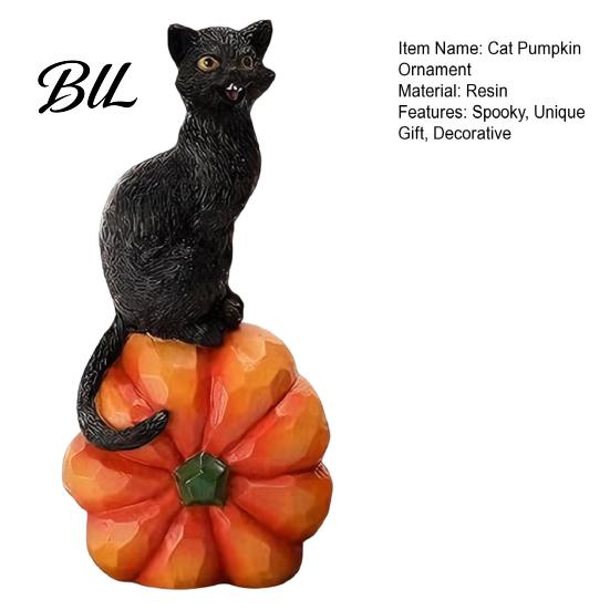 Seasonal Festive Atmosphere Props Halloween Black Cat Pumpkin Ornament, Vintage Wood Carving Style Retro Decor Resin Figurine, Spooky Tabletop