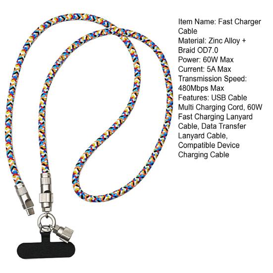 USB Cable Multi Charging Cord PD 60W Fast Charging Data Cable 2-in-1 for Apple Type C Devices Phone Hanging Rope Charging Cable Data Transfer