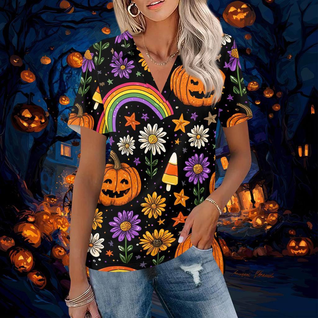Women V Neck Short Sleeve Halloween Print Collared Top Casual Loose Fit Pattern Blouse for Daily Wear Office School