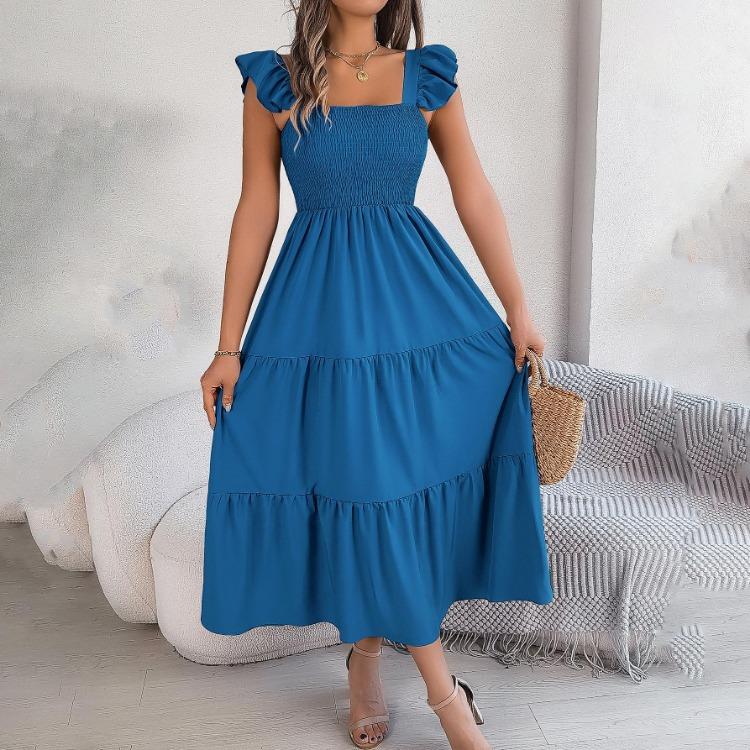 Autumn Winter Women Elegant High Waist Pleated Dress Short Sleeve Solid Color Lace Up Fashion