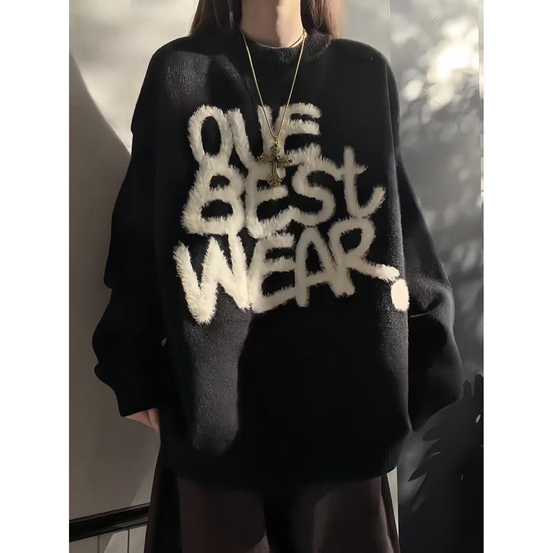 Men's Black Jacquard Mink Velvet Knit Sweater - American Retro, Heavyweight, Soft, High Elastic, Autumn/Winter Style.