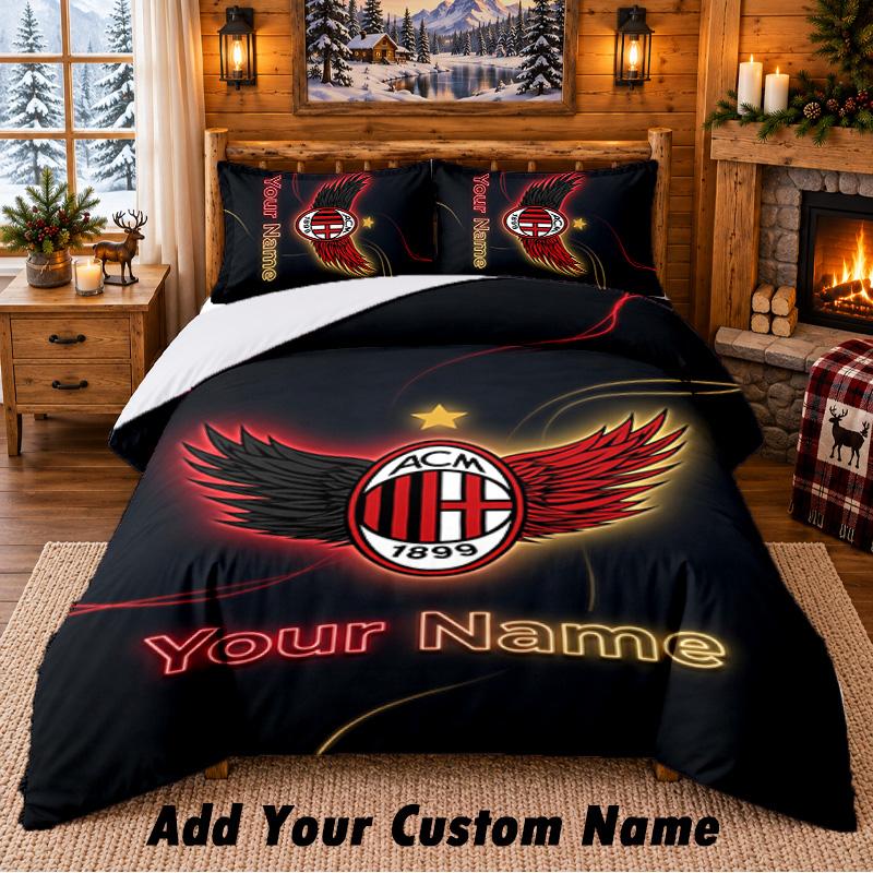 AC Milan Pattern Bedding 3Pcs Set Custom Name, Bed Sheet And Pillowcases For Home Bedroom