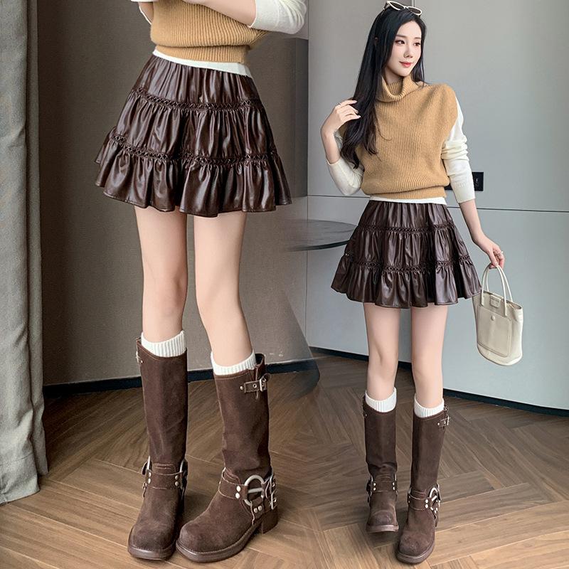 Hoher Taillen-Leder-Rüschen-A-Linien-Minirock - Herbst/Winter 2025 Koreanische Mode