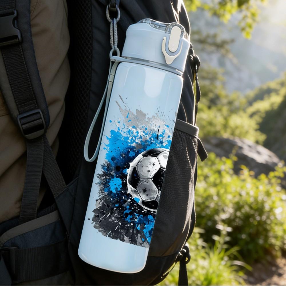 1PC Blue Splash Soccer Ball Art Print 750ml Color Plastic Sports Water Bottle Leakproof Flip Straw Lid Suitable for Sports Office Home Use