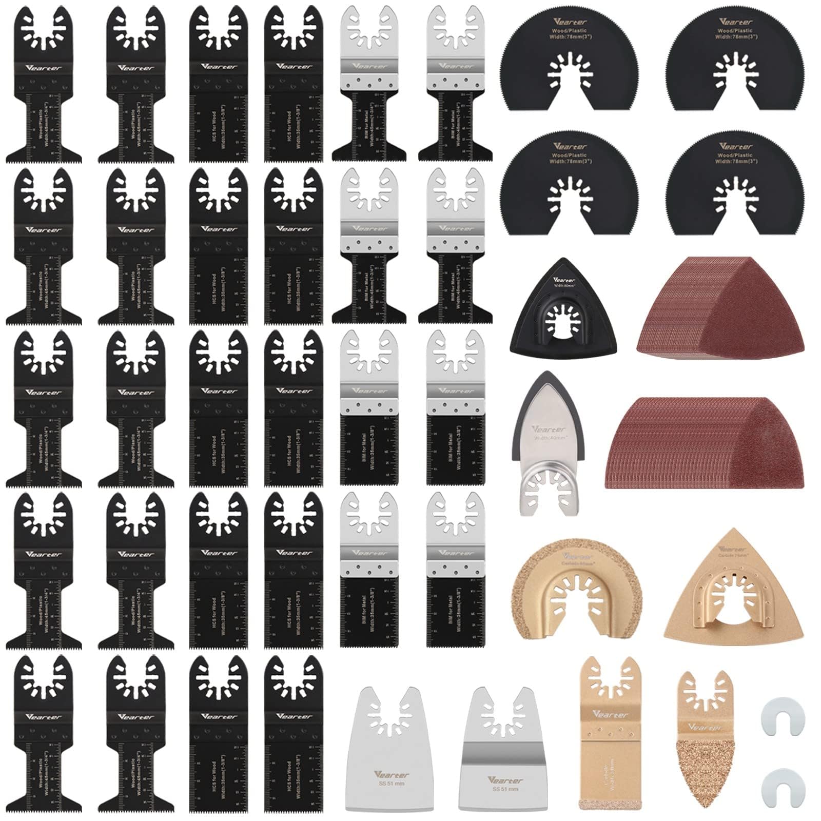

Vearter Набор осциллирующих пильных полотен с универсальным осциллирующим набором быстросменных полотен для и пластика, 100 штук наждачной бумаги, инструмент, многофункциональный инструмент для дерева, чёрный