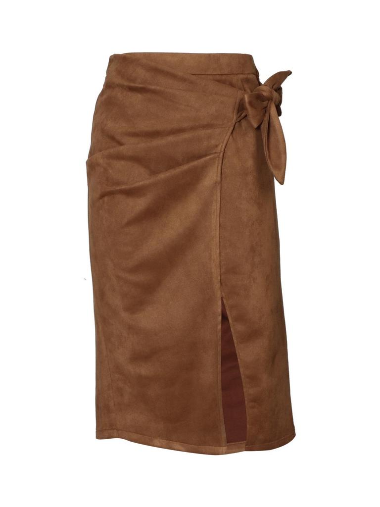 Elegant Women's Suede Skirt with Lace-up Knot - Solid Color, Spring/Autumn Collection