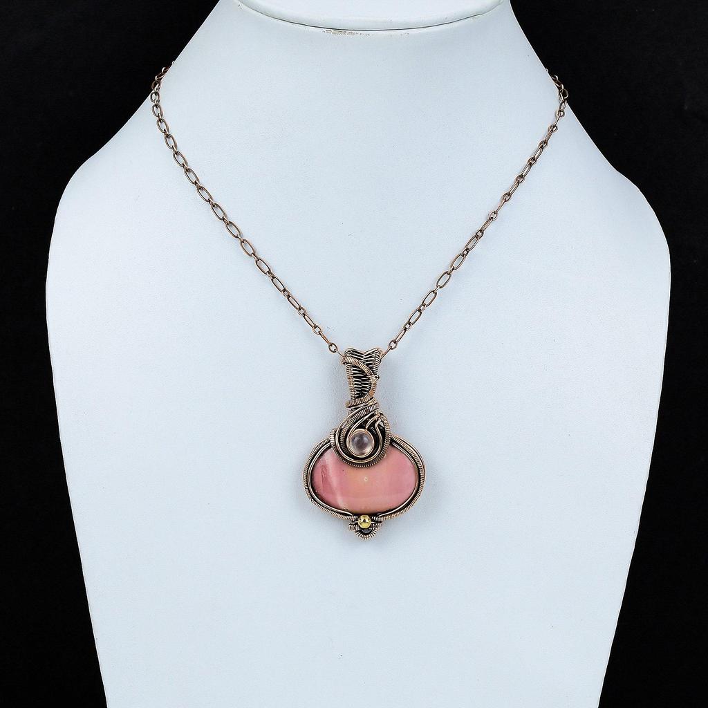 Anhänger aus rosa Opal, Drahtwicklung aus Kupfer, Anhänger aus Regenbogenmondstein, Original Edelsteinschmuck, Handgefertigter Kupferschmuck, Hochzeitsgeschenk