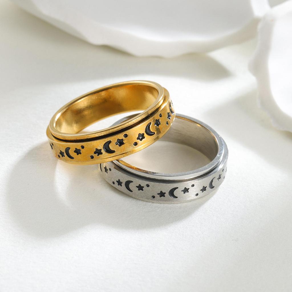18k Gold Star & Moon Rotatable Double Layer Women's Ring - Japanese Korean Niche Design