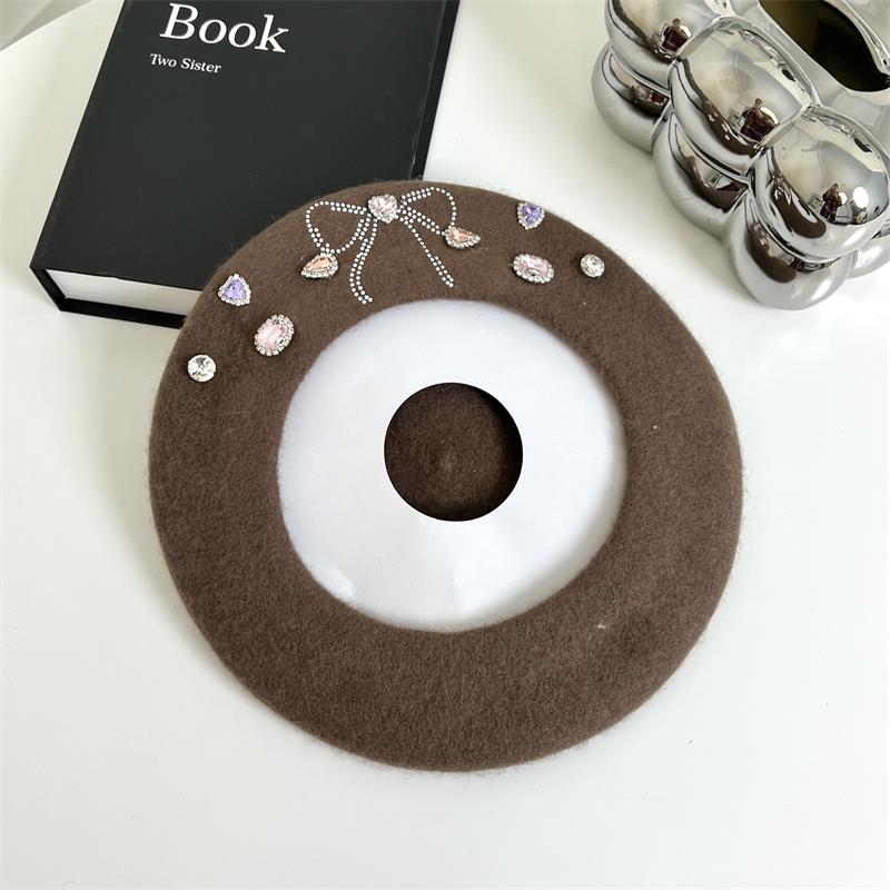 Sweet Girl Bow Beret Korean Style Big Head Woolen Hat Painter Hat Rhinestone Western-Style Fashion Octagonal Hat