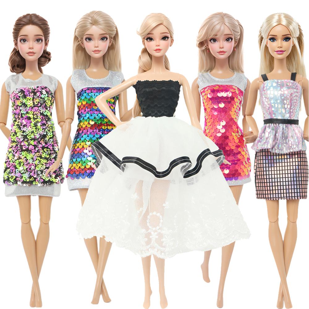 5 Pcs/Set Fashion Doll Clothes for 11.5'' Girl Doll Shiny Sequin Mini Gown Dinner Party Wear Clothes Lace Skirt 30cm Doll Accessories Kids Toy Gift