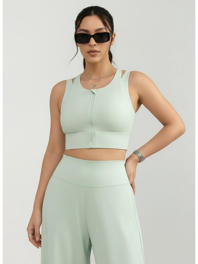 Light Green Front Zip Sports Bra with Fixed Pad: Shockproof and Stylish for Women