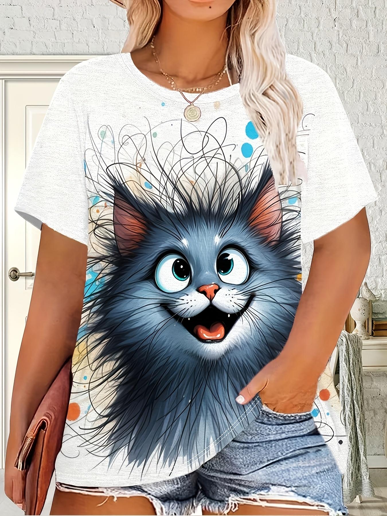 

[Cartoon Kitten T-Shirt] Plus-Size Women s 3D Printed Cartoon Kitten Pattern T-Shirt Summer Casual Short-Sleeve. Breathable Round Neck Top. Machine W XS дубильная кора