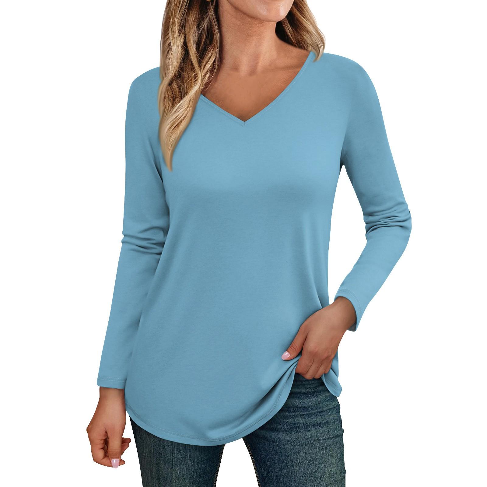 

Женские топы с длинными рукавами, рубашки с v-образным вырезом, повседневные базовые модные футболки, блузки, осенние наряды-туники, облегающие футболки L