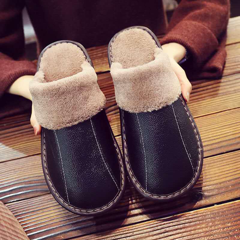 Unisex Genuine Leather Cowhide Slippers: Non-Slip, Warm Indoor Cotton Slippers for Autumn and Winter