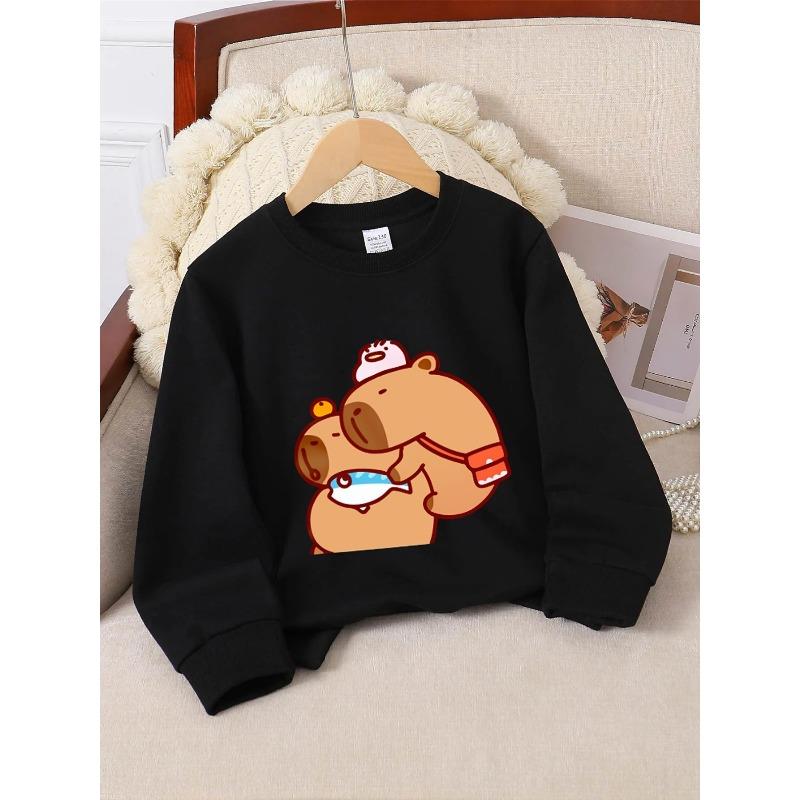 European sizes Kids' Crewneck Sweatshirt - Bear Holding Fish with Hat , Sportswear And Casual Wear, Soft And Comfortable, Children's Clothing