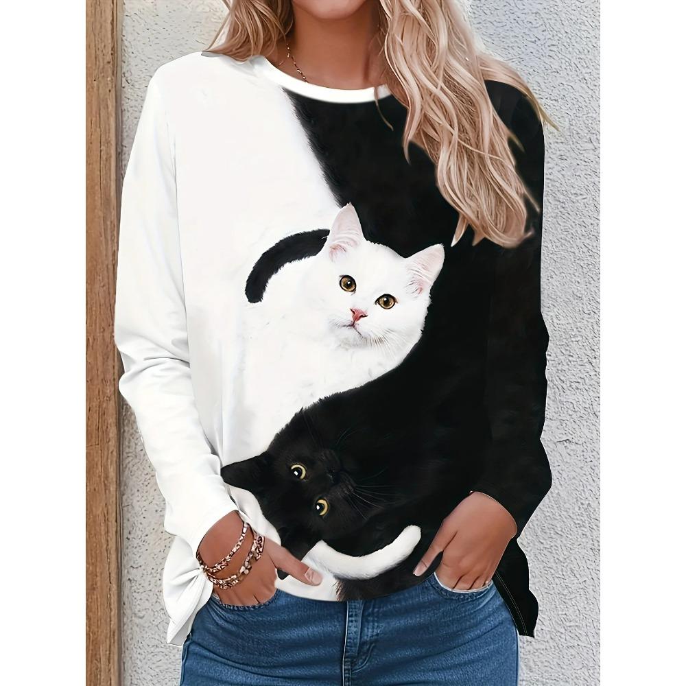 Camiseta Casual con Estampado de Gato 3D Manga Holgada Manga Larga Cuello Redondo Top Harajuku de Mujer