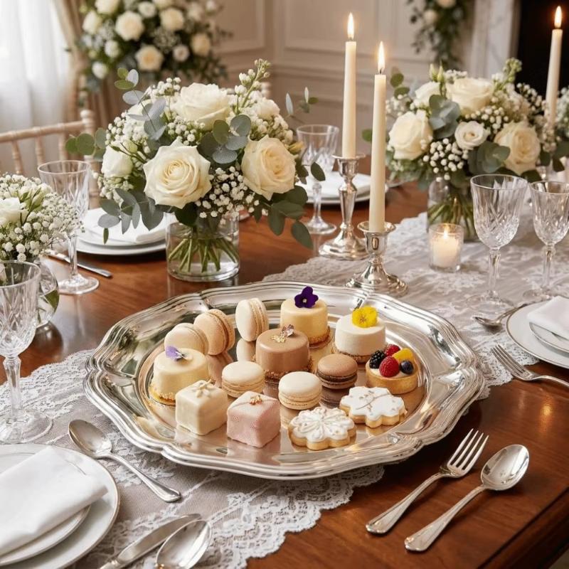 Silver Stainless Steel Cake Tray Round Mirror Surface Dessert Plate for Restaurant Buffet Food Display
