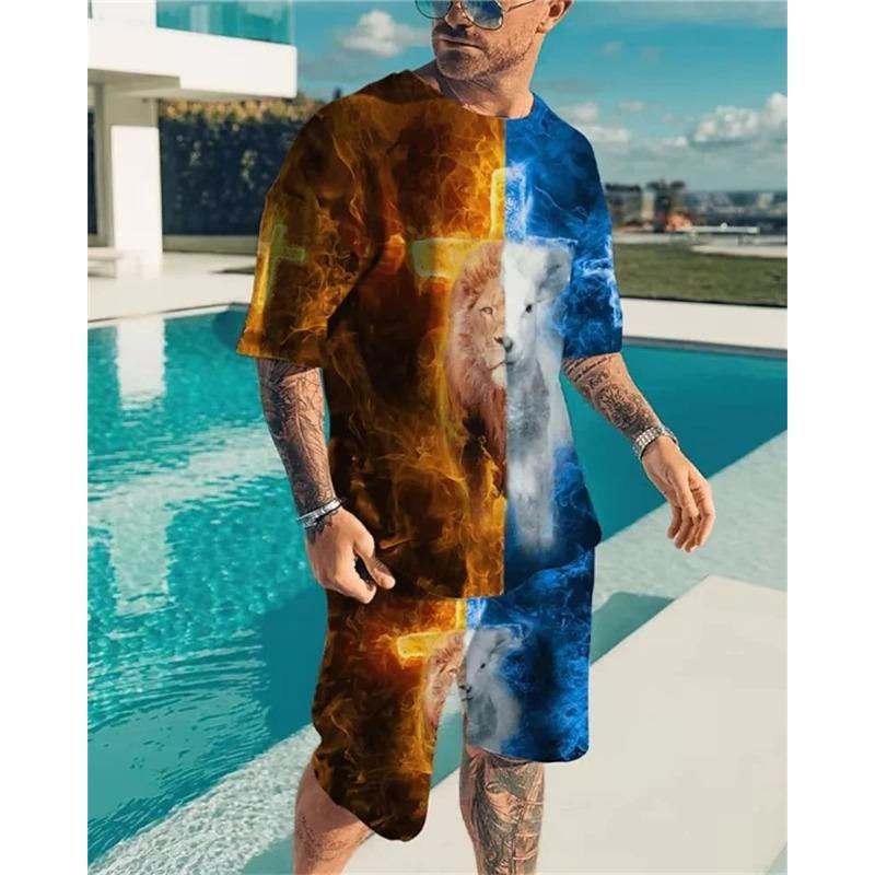 Roar Golden Lion Head Short Sleeve 2Pcs Set 3D Print Men Sweatshirt O-neck T-Shirt Set Men Oversized Tshirt Suit Men Clothes