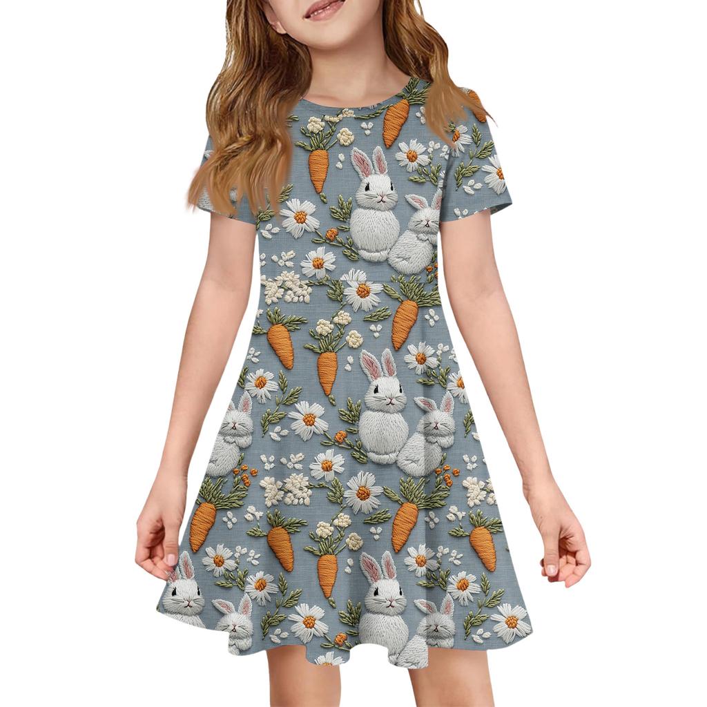 Girl Summer Dress Color & Print Short Sleeve Dress With Pocket Casual Dress Shorts Sleeve Party Dress Easter Day