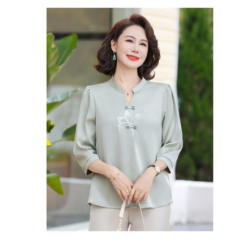 Chinese Style Mandarin Collar Blouse Embroidered Butterfly Half Sleeve Casual Women's Top
