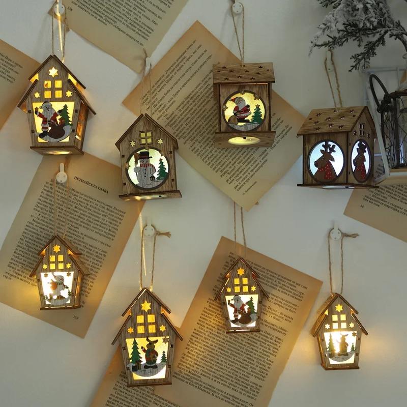 1Pc Christmas LED Light Wood House Cute Tree Hanging Ornaments Holiday Decor