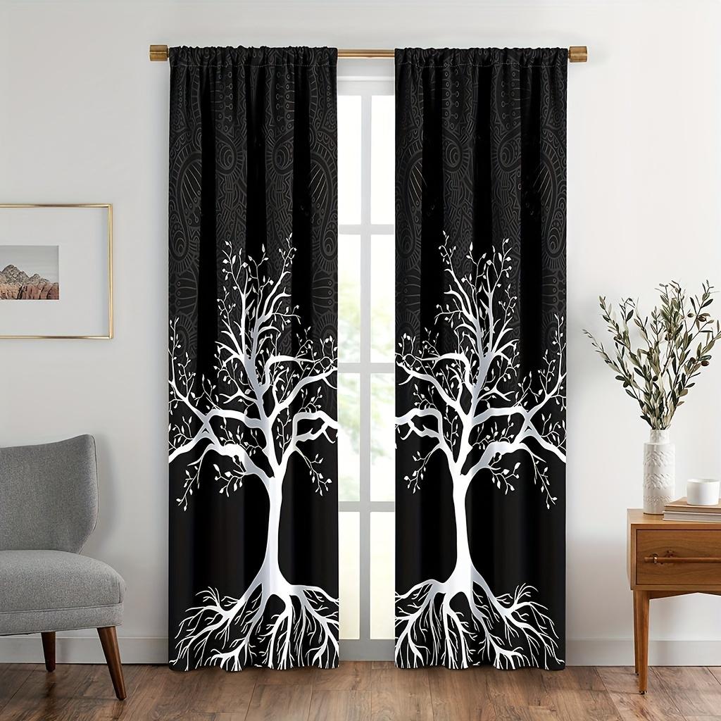 2pcs Tree Pattern Curtains Decorative Curtains 2Panels Black White Window Treatment For Bedroom Office Kitchen Living Room