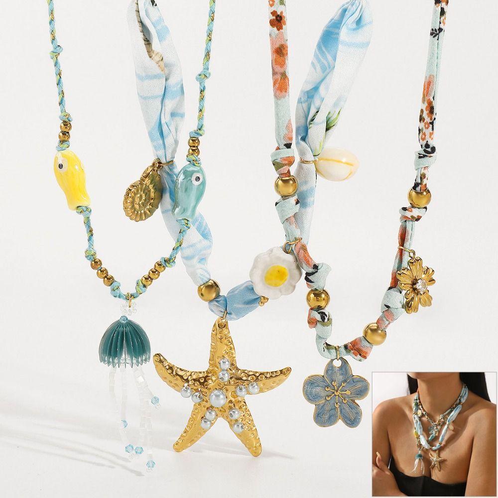 Bohemian Starfish Floral Pendant Necklace Vintage Charm Pendant  Beach Jewelry