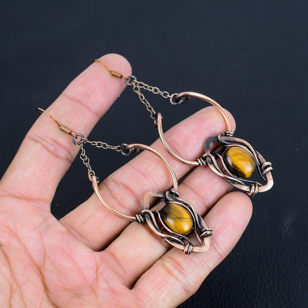 Tiger's Eye 999 Copper Wire Wrapped Earrings, Handmade Gemstone Earrings, Gift For Mom Antique Jewelry